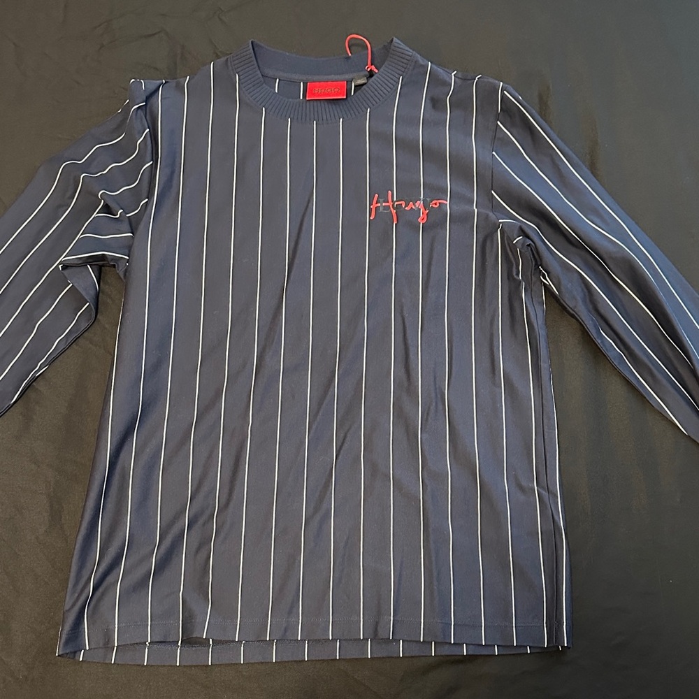 HUGO Navy and White Striped Long Sleeve Tee